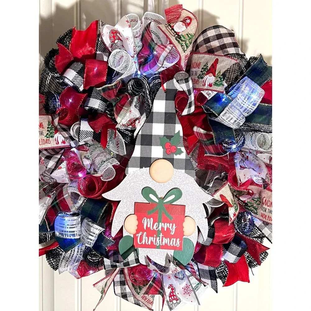 Handmade Merry Christmas Gnome Holiday Ribbon Door Wreath 22 ins W47